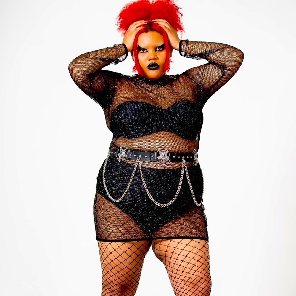 Sexy see through fishnet glitter mini dress. Dress only, belts not included.
